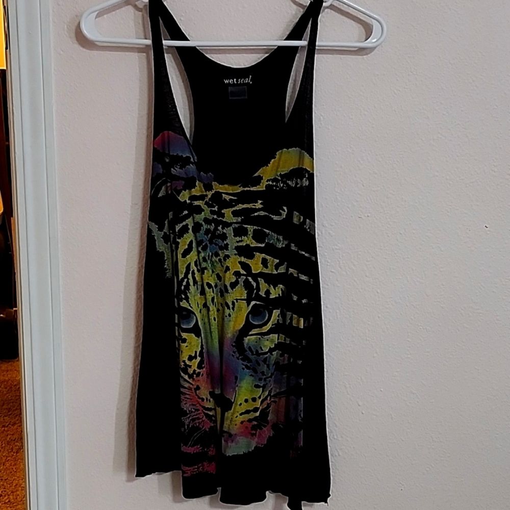 Wet Seal Women's Size L Rainbow Big Cat Black Tank
